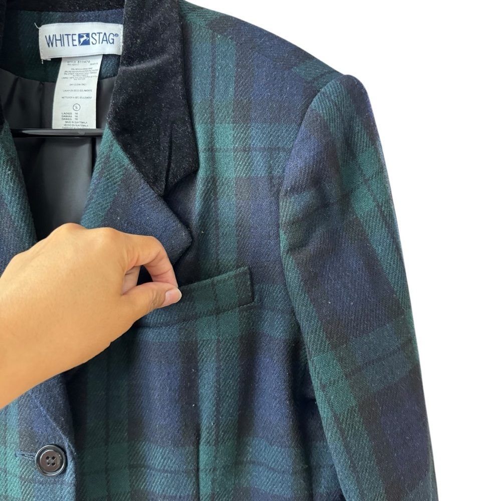 Vintage Plaid Blazer Jacket Velvet Collar Size 10 Blue Green Holidays Festive - Picture 5 of 10